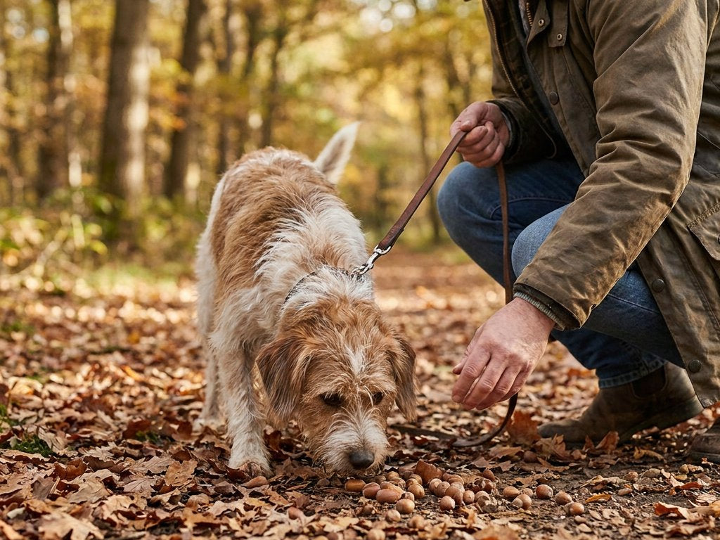 Hond aan de lijn snuffelt naar eikels op een herfstig bospad terwijl de eigenaar alert ingrijpt, vastgelegd in zacht natuurlijk licht.