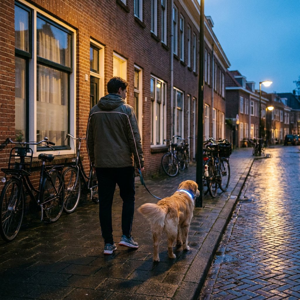 Hondeneigenaar wandelt ’s avonds met een aangelijnde hond door een rustige Nederlandse straat, beide goed zichtbaar met reflecterende verlichting.