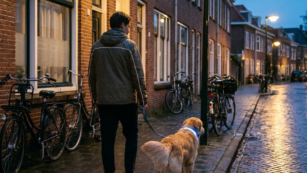 Hondeneigenaar wandelt ’s avonds met een aangelijnde hond door een rustige Nederlandse straat, beide goed zichtbaar met reflecterende verlichting.