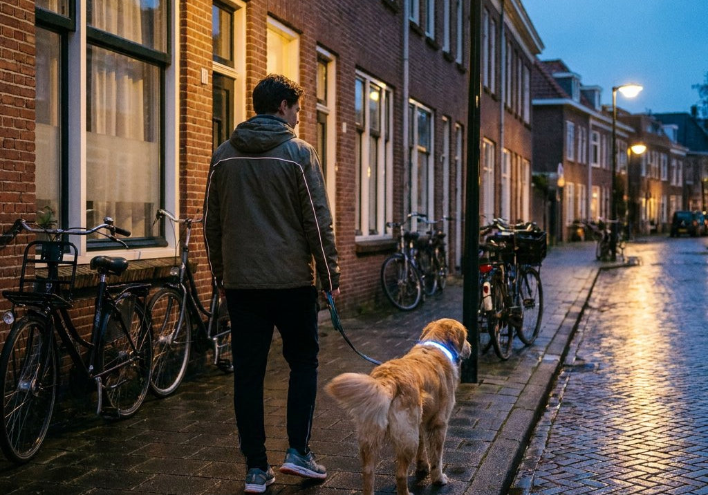 Hondeneigenaar wandelt ’s avonds met een aangelijnde hond door een rustige Nederlandse straat, beide goed zichtbaar met reflecterende verlichting.