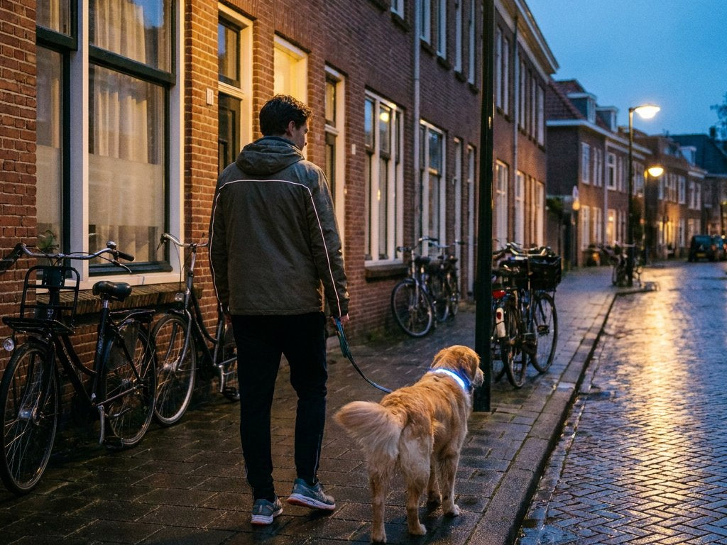 Hondeneigenaar wandelt ’s avonds met een aangelijnde hond door een rustige Nederlandse straat, beide goed zichtbaar met reflecterende verlichting.