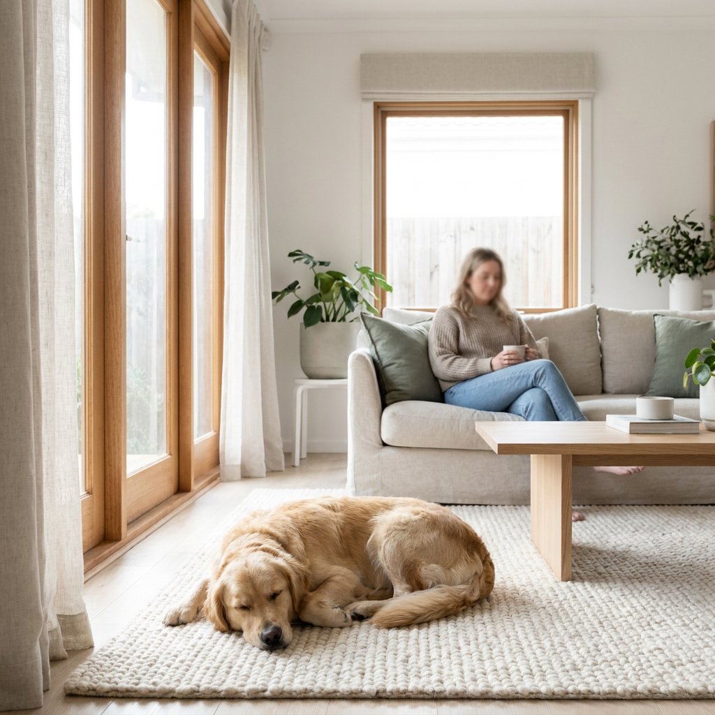 Hond ligt diep ontspannen te slapen op een zacht kleed in een lichte Nederlandse woonkamer, terwijl daglicht en een rustige huiselijke sfeer opvallen.