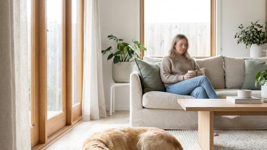 Hond ligt diep ontspannen te slapen op een zacht kleed in een lichte Nederlandse woonkamer, terwijl daglicht en een rustige huiselijke sfeer opvallen.