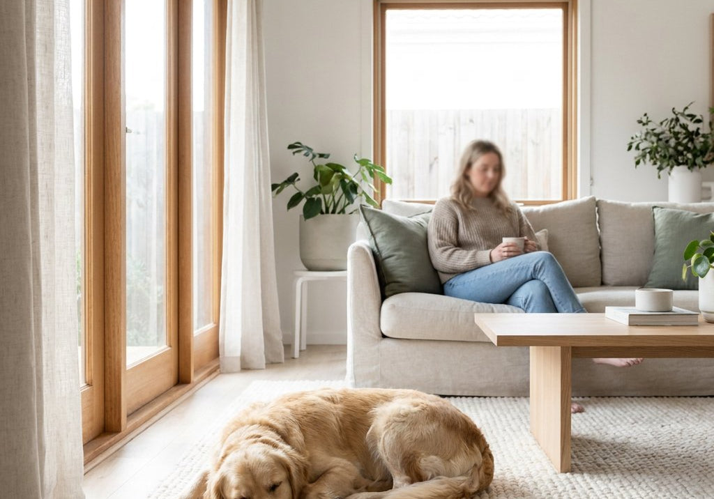 Hond ligt diep ontspannen te slapen op een zacht kleed in een lichte Nederlandse woonkamer, terwijl daglicht en een rustige huiselijke sfeer opvallen.
