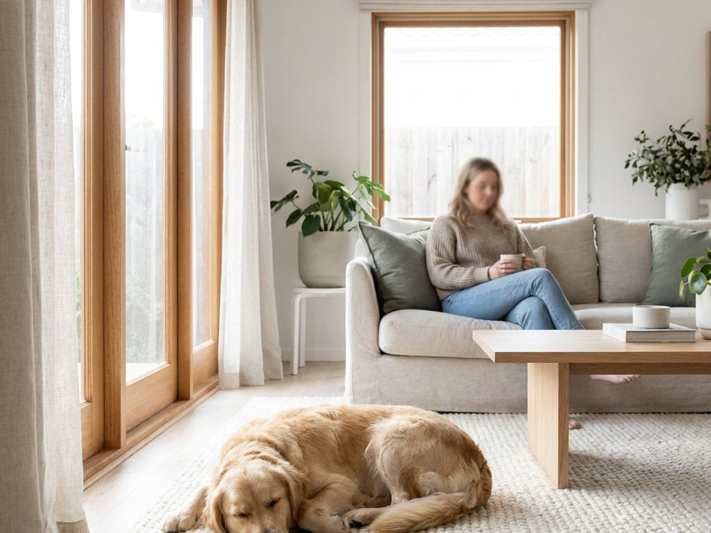 Hond ligt diep ontspannen te slapen op een zacht kleed in een lichte Nederlandse woonkamer, terwijl daglicht en een rustige huiselijke sfeer opvallen.