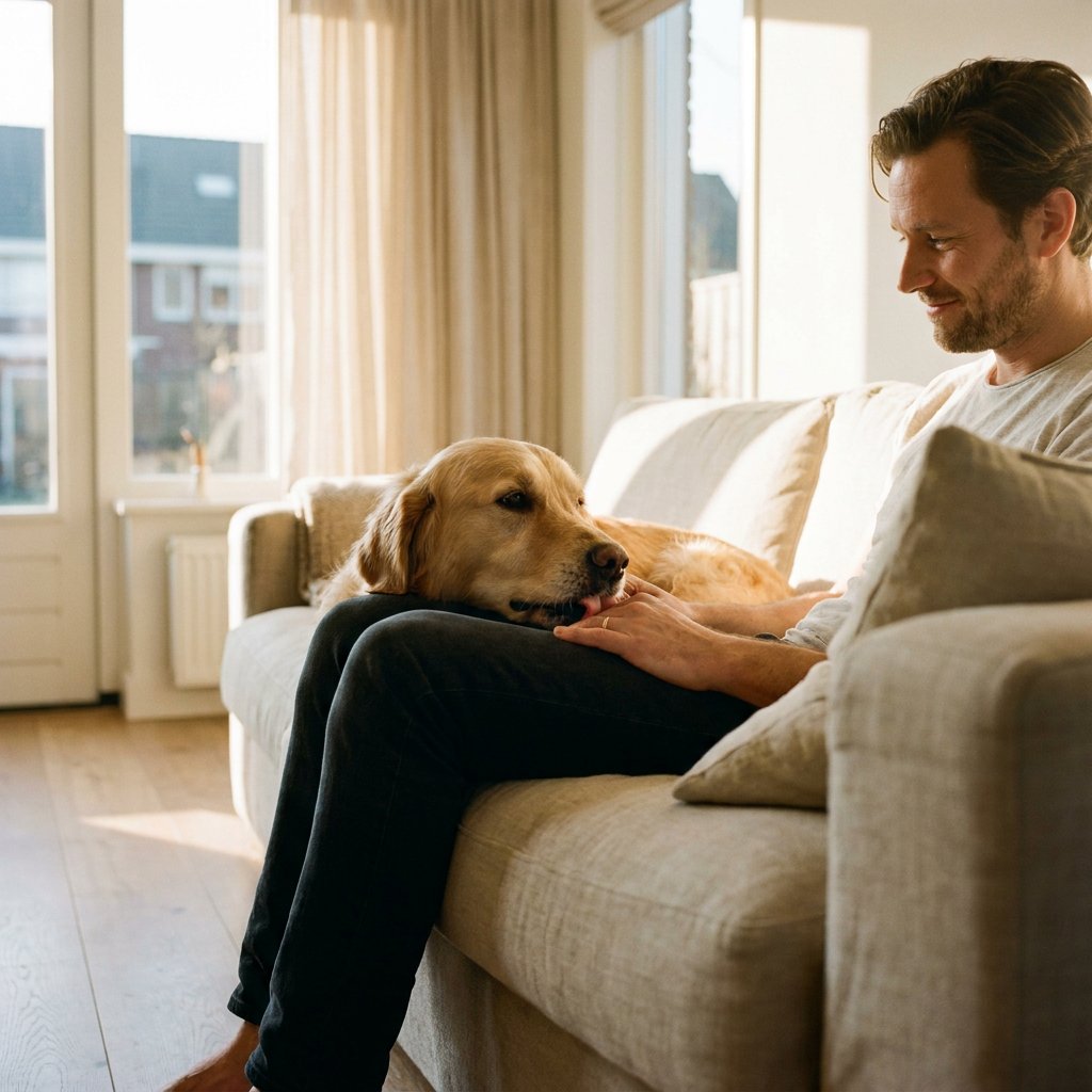 Hond likt zacht de hand van zijn eigenaar op een lichte bank in een Nederlandse woonkamer, met warme ochtendzon en een rustige, vertrouwde sfeer.