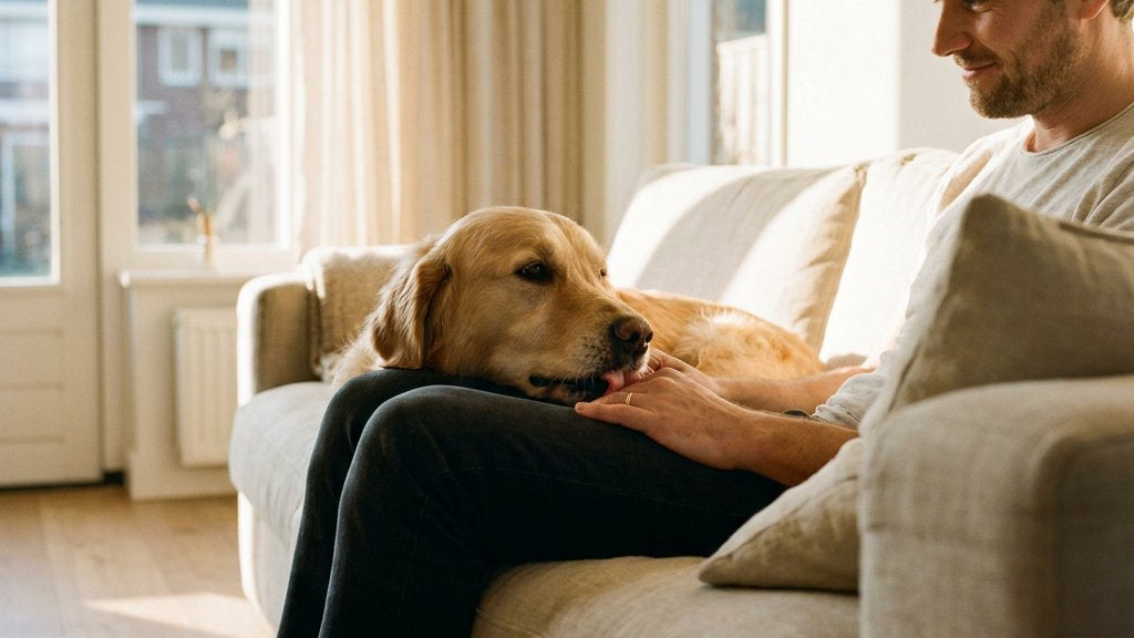 Hond likt zacht de hand van zijn eigenaar op een lichte bank in een Nederlandse woonkamer, met warme ochtendzon en een rustige, vertrouwde sfeer.