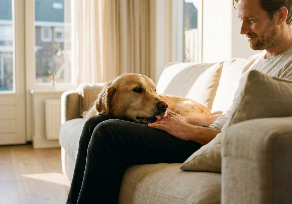 Hond likt zacht de hand van zijn eigenaar op een lichte bank in een Nederlandse woonkamer, met warme ochtendzon en een rustige, vertrouwde sfeer.
