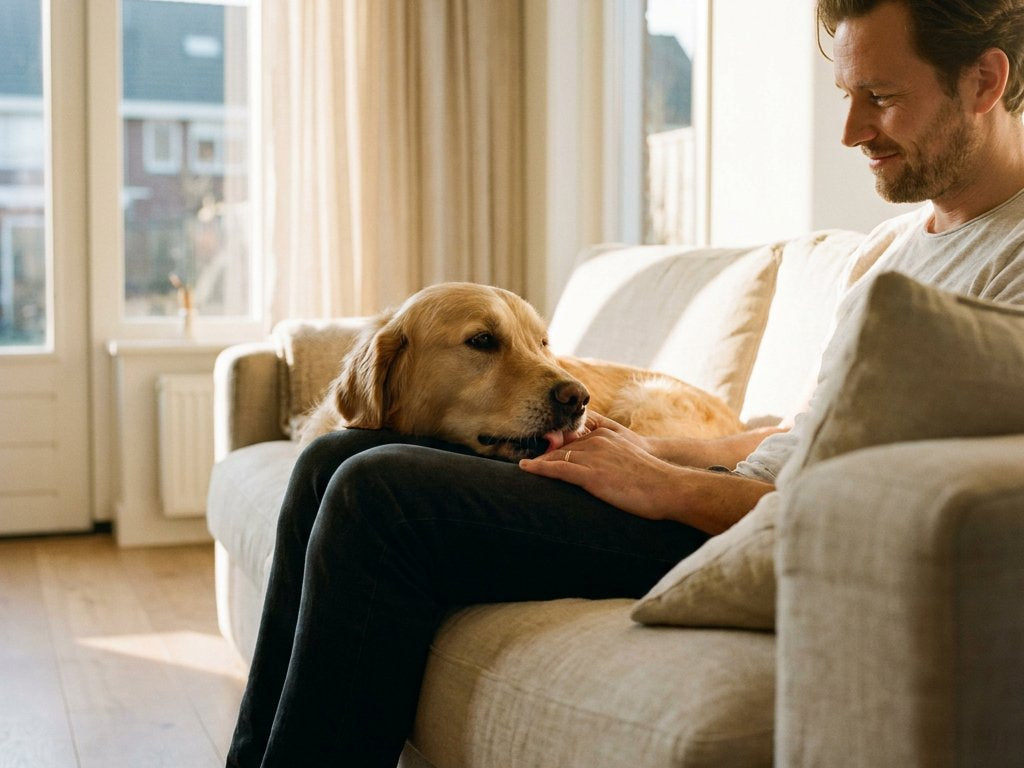 Hond likt zacht de hand van zijn eigenaar op een lichte bank in een Nederlandse woonkamer, met warme ochtendzon en een rustige, vertrouwde sfeer.