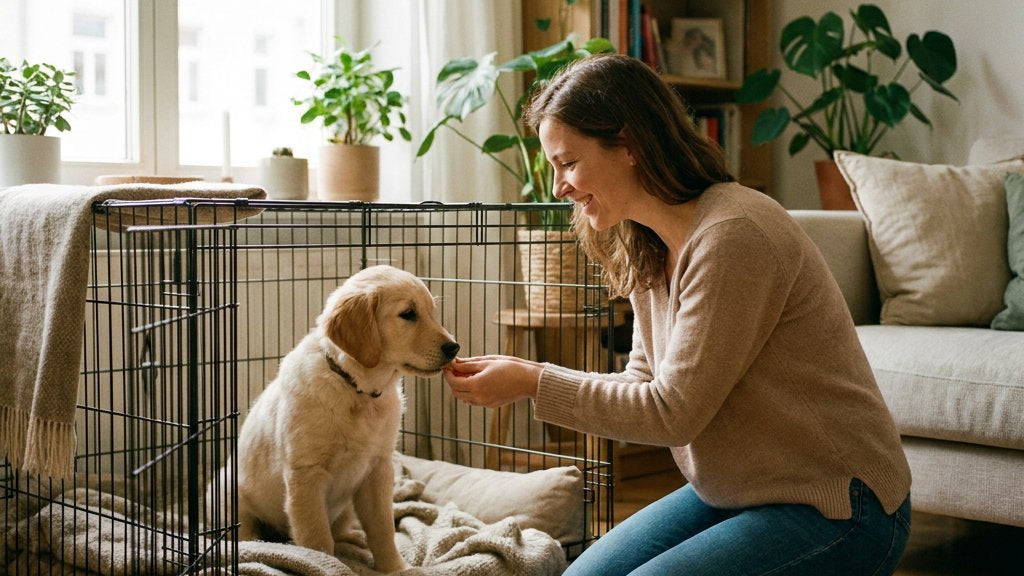 Vrouw in lichte woonkamer beloont een jonge hond in een open bench met kleine, zachte traktaties; deur staat open, kleed en kussen binnen.