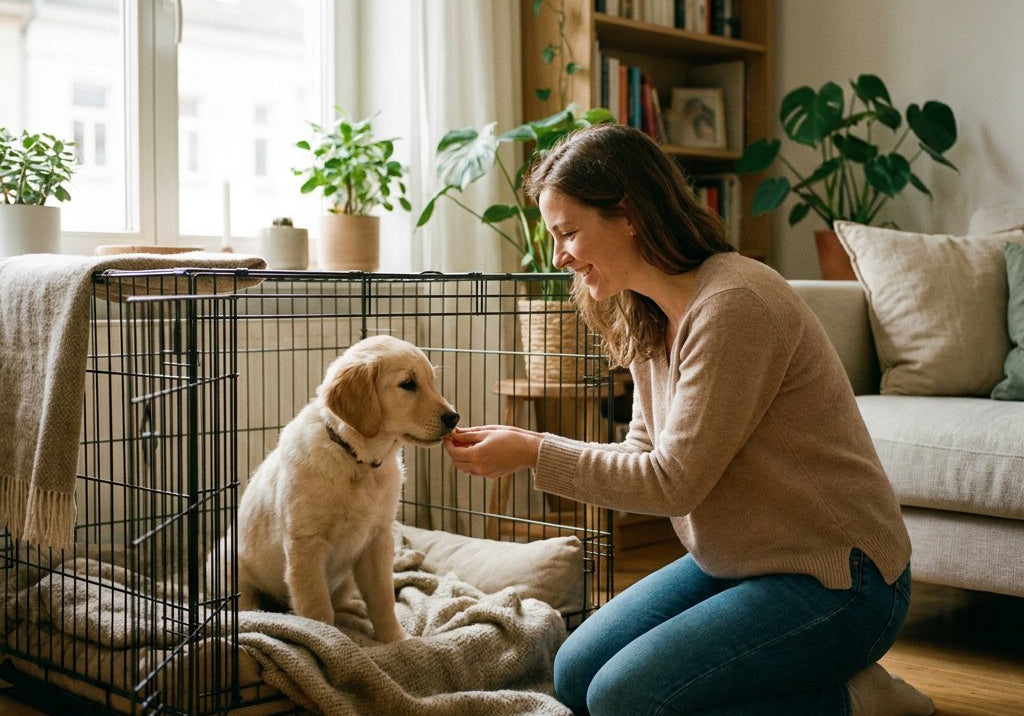 Vrouw in lichte woonkamer beloont een jonge hond in een open bench met kleine, zachte traktaties; deur staat open, kleed en kussen binnen.