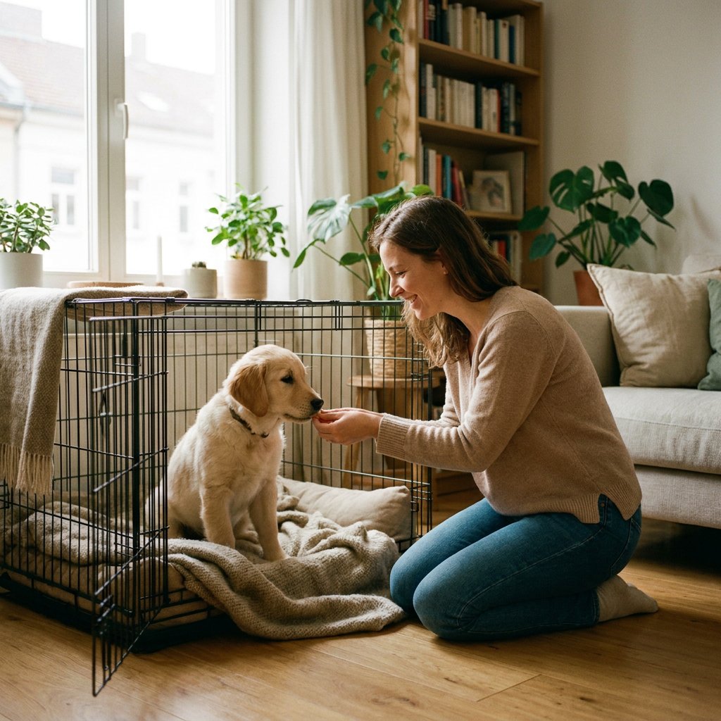 Vrouw in lichte woonkamer beloont een jonge hond in een open bench met kleine, zachte traktaties; deur staat open, kleed en kussen binnen.