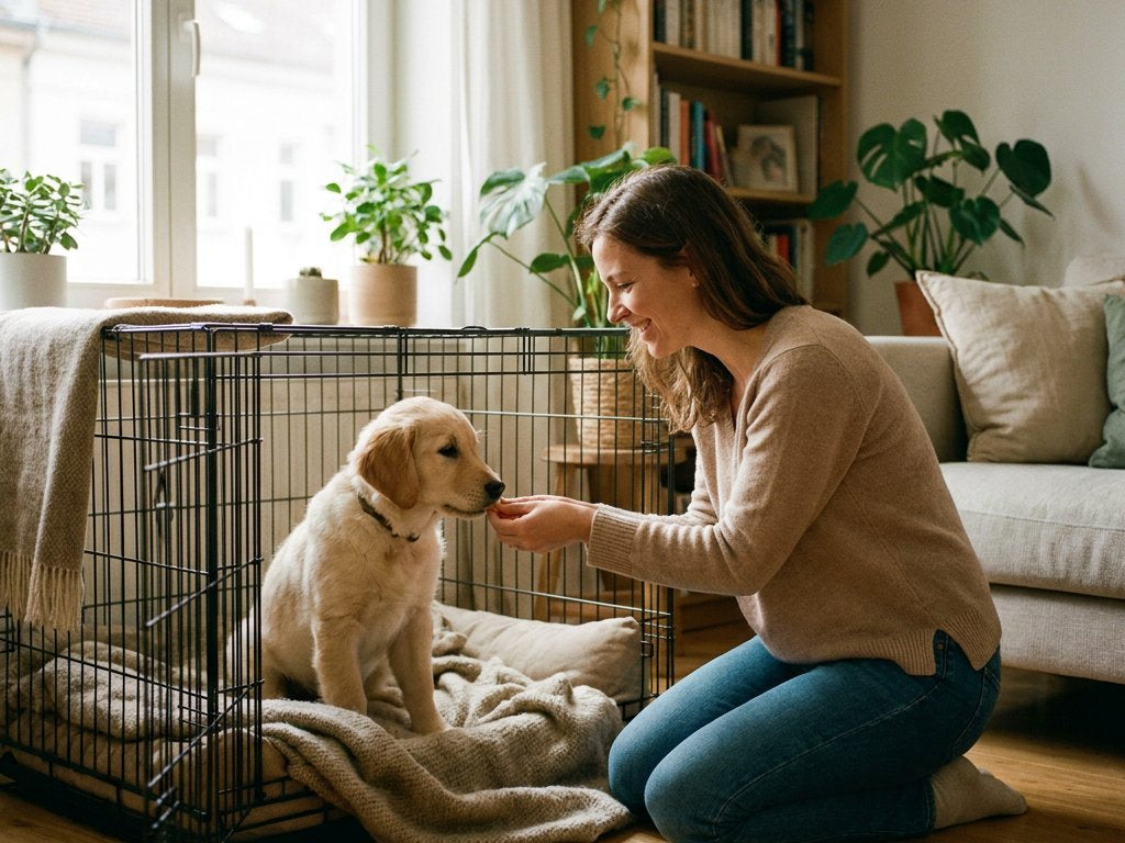 Vrouw in lichte woonkamer beloont een jonge hond in een open bench met kleine, zachte traktaties; deur staat open, kleed en kussen binnen.