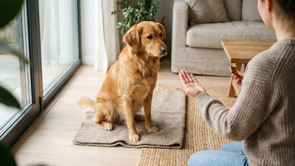 Middelgrote hond blijft op een mat in een lichte woonkamer, terwijl de eigenaar met open hand het blijf-commando geeft en een kleine trainingssnack toont.