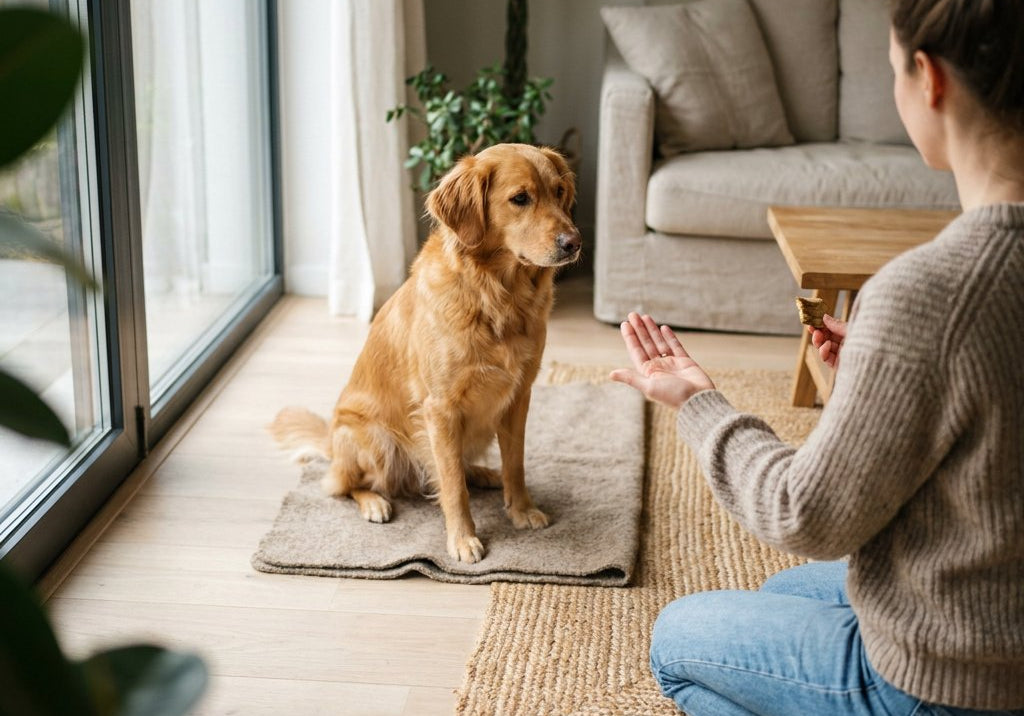 Middelgrote hond blijft op een mat in een lichte woonkamer, terwijl de eigenaar met open hand het blijf-commando geeft en een kleine trainingssnack toont.