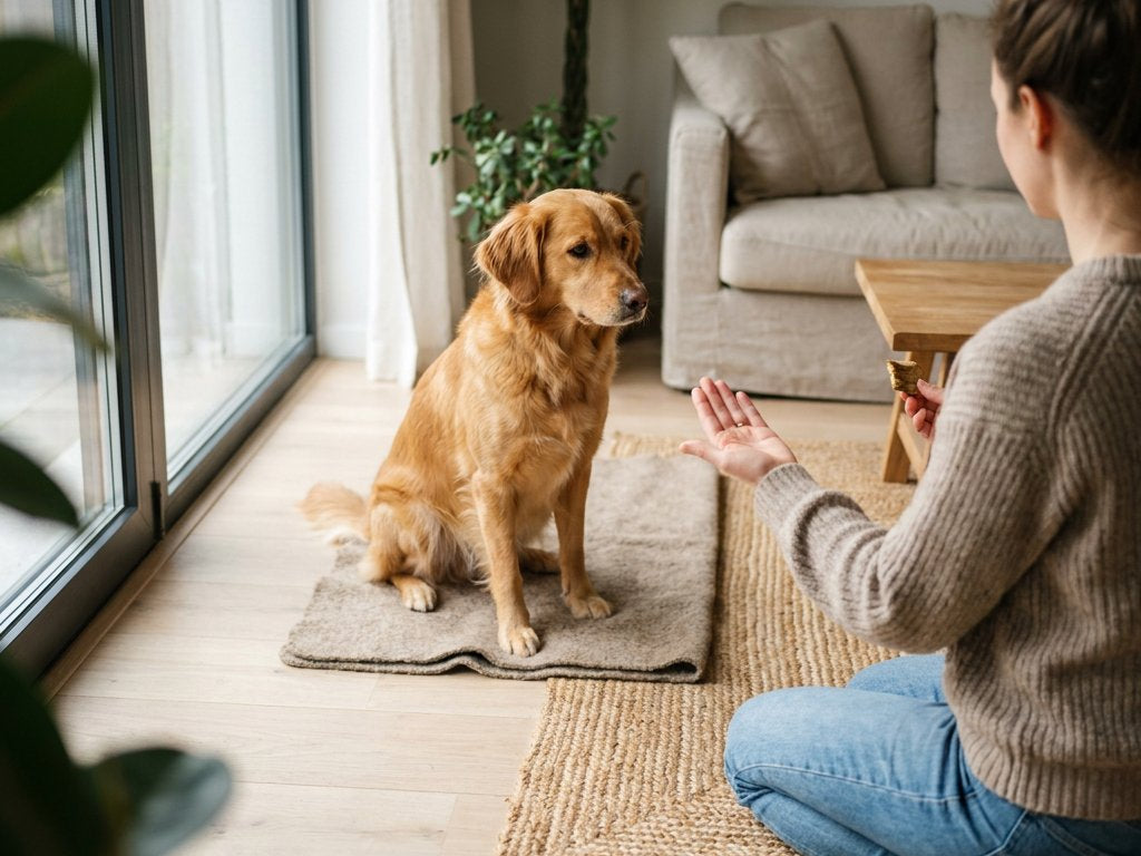 Middelgrote hond blijft op een mat in een lichte woonkamer, terwijl de eigenaar met open hand het blijf-commando geeft en een kleine trainingssnack toont.