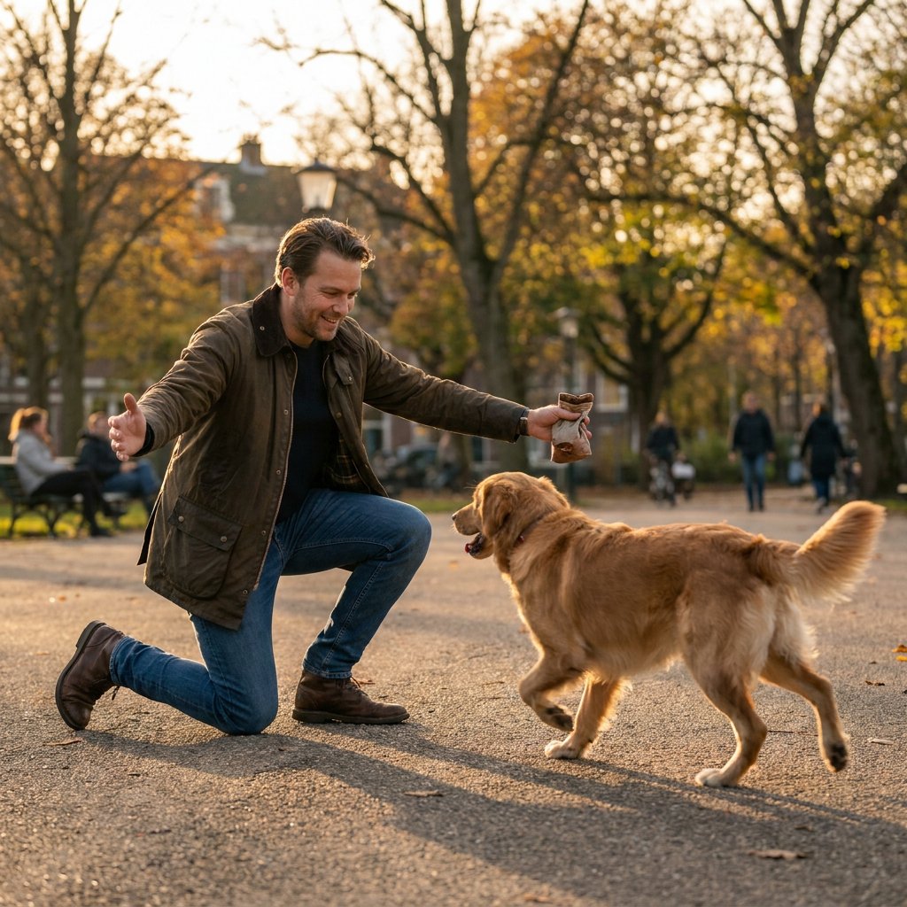 In een groen stadspark knielt een eigenaar met beloningszakje en open armen, terwijl een middelgrote hond naar hem toe sprint in zacht avondlicht.
