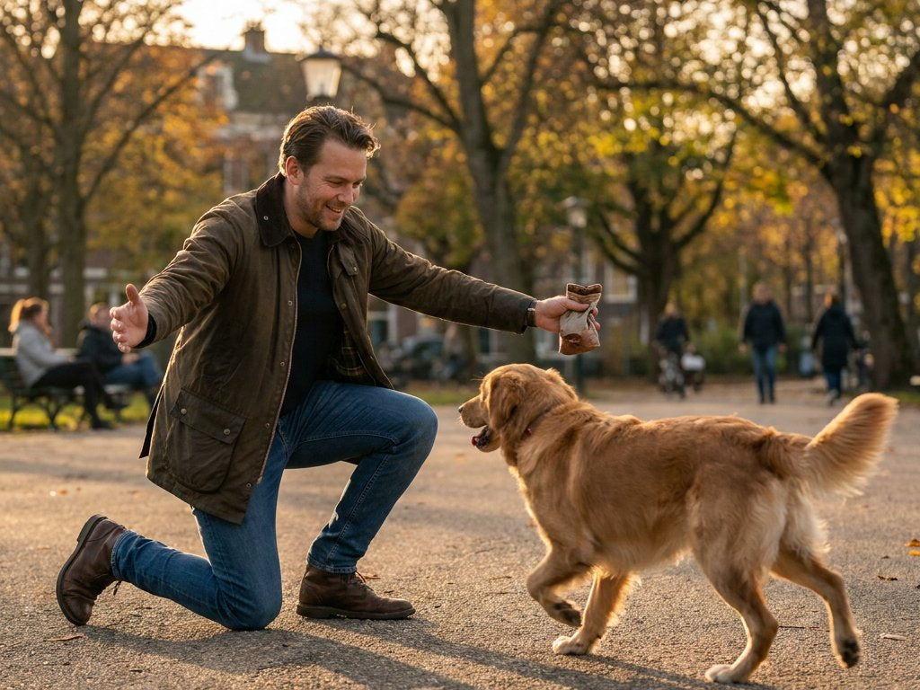 In een groen stadspark knielt een eigenaar met beloningszakje en open armen, terwijl een middelgrote hond naar hem toe sprint in zacht avondlicht.