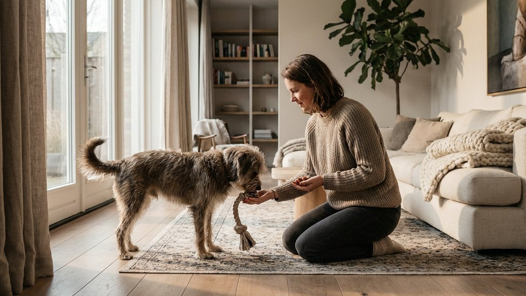 Owner kneeling with open palm; dog releases tug toy and looks up; small treats ready in other hand; soft daylight through window; cozy Western European home.