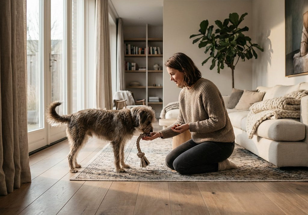 Owner kneeling with open palm; dog releases tug toy and looks up; small treats ready in other hand; soft daylight through window; cozy Western European home.