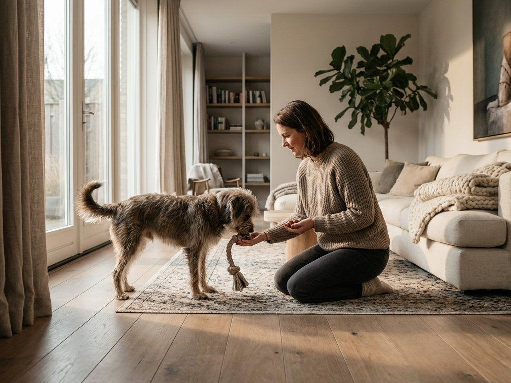 Owner kneeling with open palm; dog releases tug toy and looks up; small treats ready in other hand; soft daylight through window; cozy Western European home.