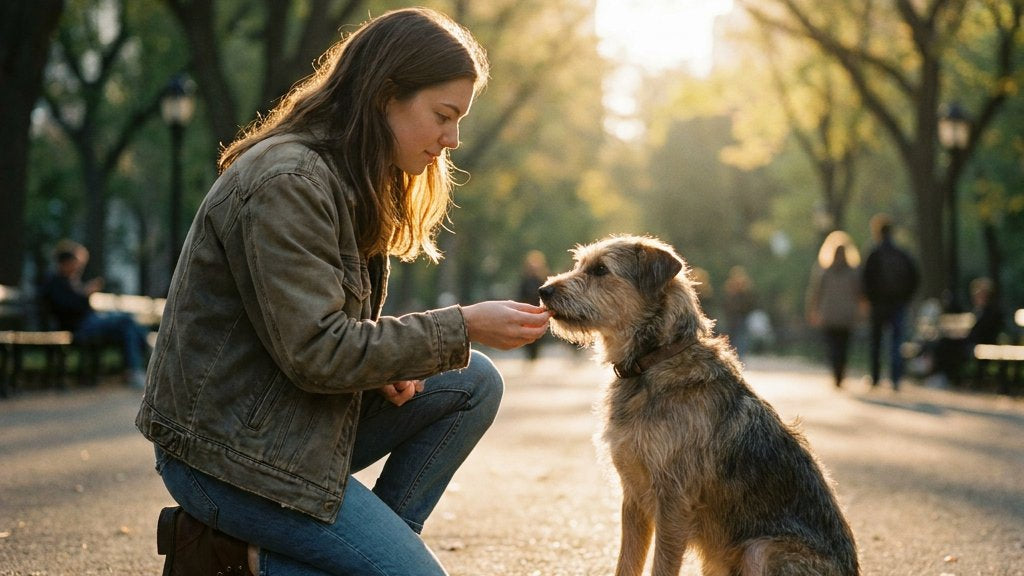 In een zonovergoten stadspark knielt een vrouw en geeft haar middelgrote hond het zit-commando, direct belonend met een kleine snack; zachte ochtendgloed.