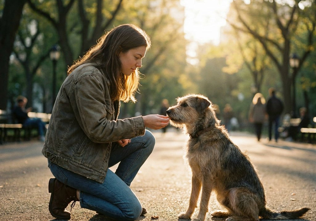 In een zonovergoten stadspark knielt een vrouw en geeft haar middelgrote hond het zit-commando, direct belonend met een kleine snack; zachte ochtendgloed.