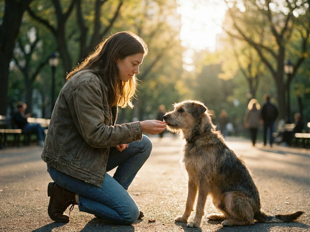 In een zonovergoten stadspark knielt een vrouw en geeft haar middelgrote hond het zit-commando, direct belonend met een kleine snack; zachte ochtendgloed.