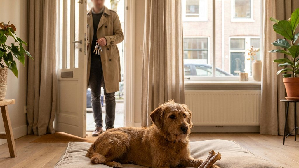 Middelgrote hond ligt ontspannen op een hondenbed met kauwsnack, terwijl de eigenaar met sleutels de lichte woonkamer verlaat; zacht middaglicht.