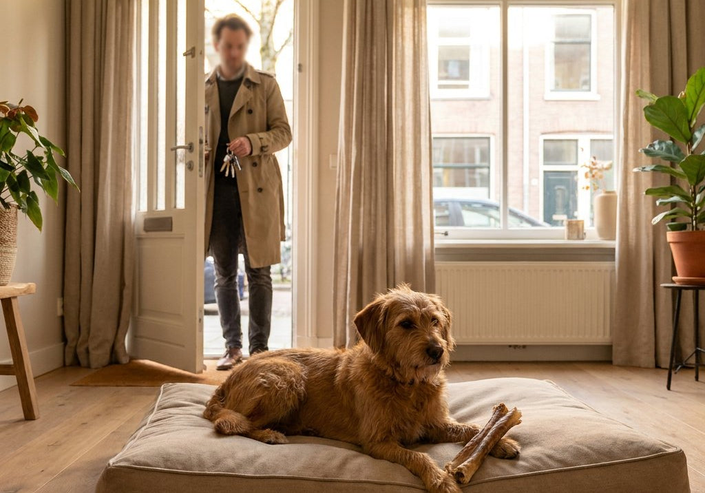 Middelgrote hond ligt ontspannen op een hondenbed met kauwsnack, terwijl de eigenaar met sleutels de lichte woonkamer verlaat; zacht middaglicht.