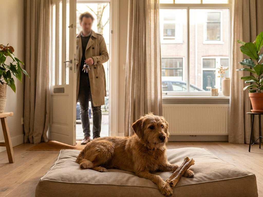 Middelgrote hond ligt ontspannen op een hondenbed met kauwsnack, terwijl de eigenaar met sleutels de lichte woonkamer verlaat; zacht middaglicht.