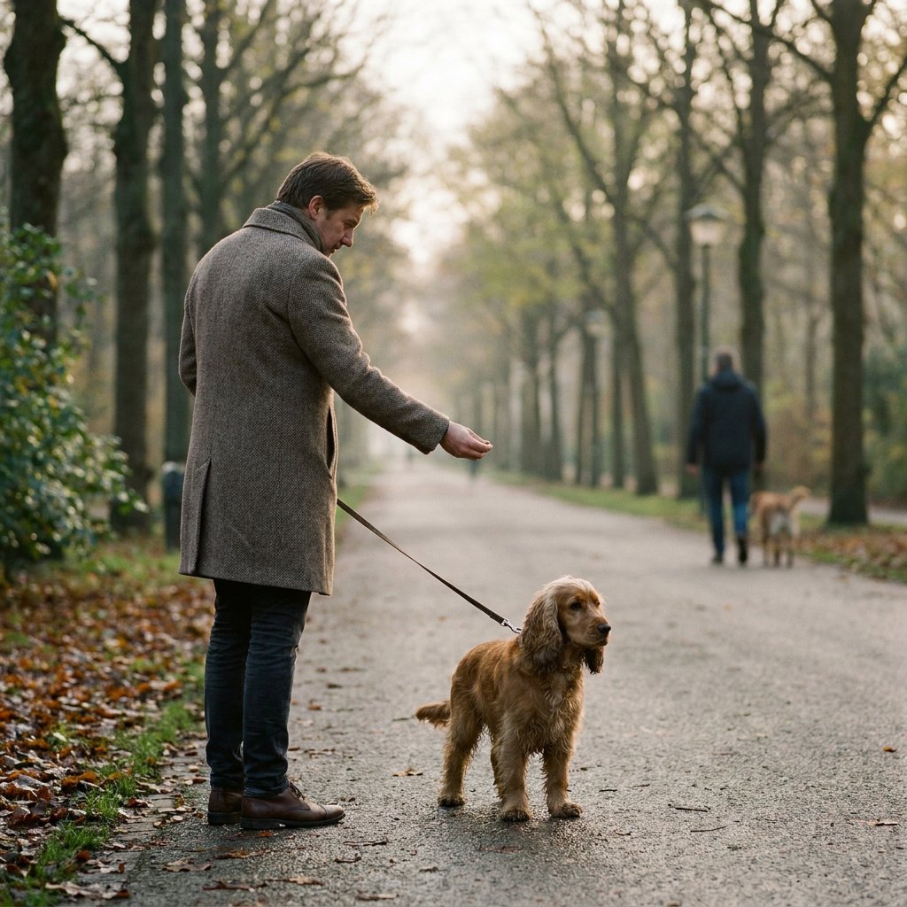 Baasje met aangelijnde hond houdt afstand terwijl een andere hond met eigenaar passeert in een stadspark; hond kijkt onzeker weg, hand met voertjes zichtbaar.
