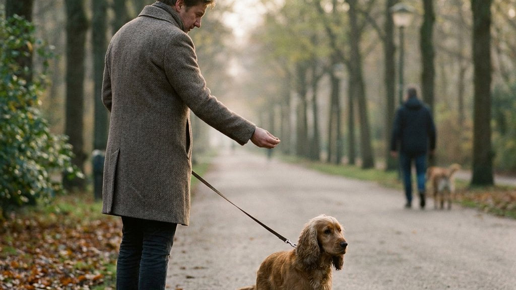 Baasje met aangelijnde hond houdt afstand terwijl een andere hond met eigenaar passeert in een stadspark; hond kijkt onzeker weg, hand met voertjes zichtbaar.