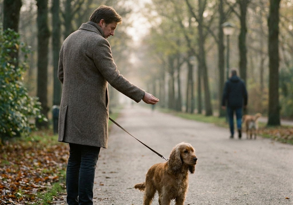Baasje met aangelijnde hond houdt afstand terwijl een andere hond met eigenaar passeert in een stadspark; hond kijkt onzeker weg, hand met voertjes zichtbaar.