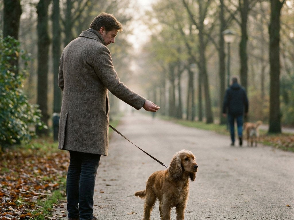 Baasje met aangelijnde hond houdt afstand terwijl een andere hond met eigenaar passeert in een stadspark; hond kijkt onzeker weg, hand met voertjes zichtbaar.