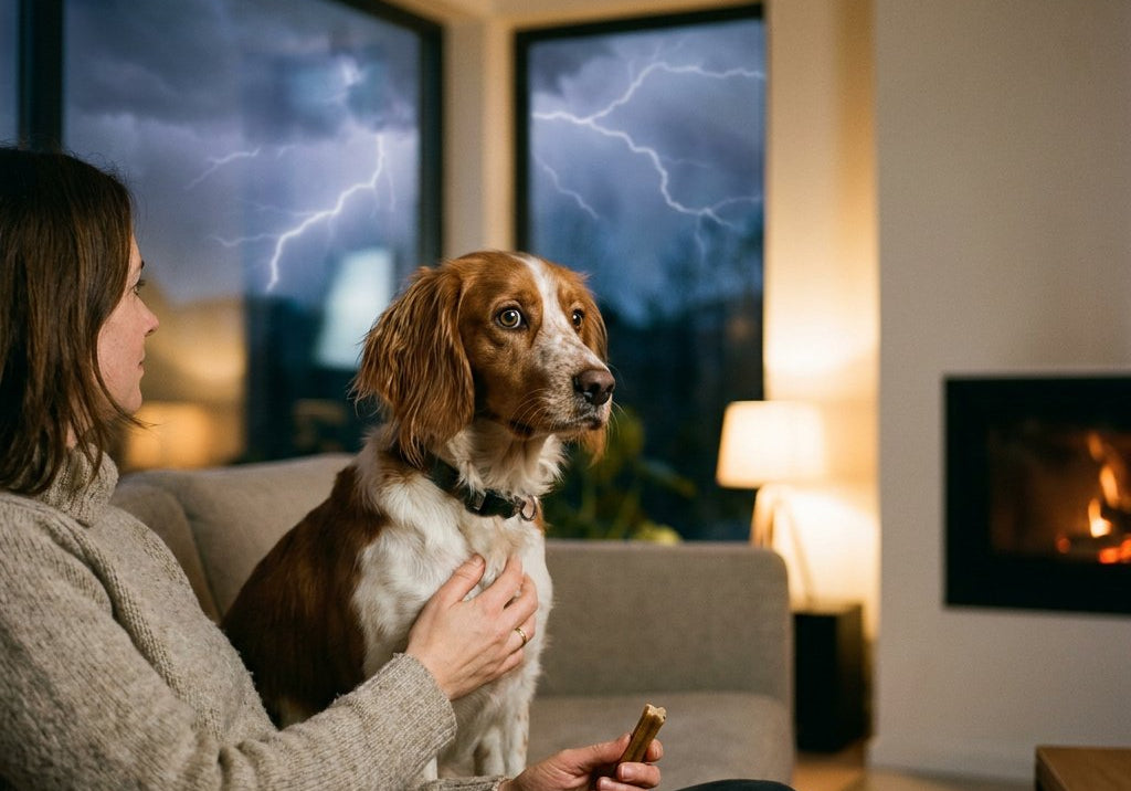 Angstige hond met oren naar achteren leunt tegen eigenaar op een bank, blik naar onweer buiten; lamp verlicht woonkamer, hand biedt troost en snack.