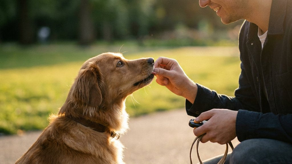 Vrouw knielt in groen stadspark en beloont haar middelgrote hond met een klein snackje na een zit, aan lijn, zachte avondzon en lichte bokeh.