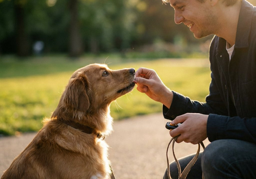 Vrouw knielt in groen stadspark en beloont haar middelgrote hond met een klein snackje na een zit, aan lijn, zachte avondzon en lichte bokeh.
