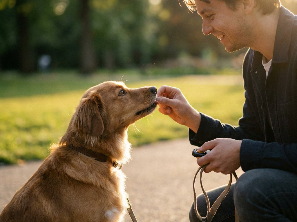 Vrouw knielt in groen stadspark en beloont haar middelgrote hond met een klein snackje na een zit, aan lijn, zachte avondzon en lichte bokeh.