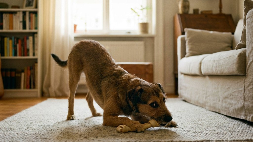 Een middelgrote hond ligt gespannen op een vloerkleed met een kauwsnack tussen de poten, kop laag en zijwaartse blik; op de achtergrond een bank.