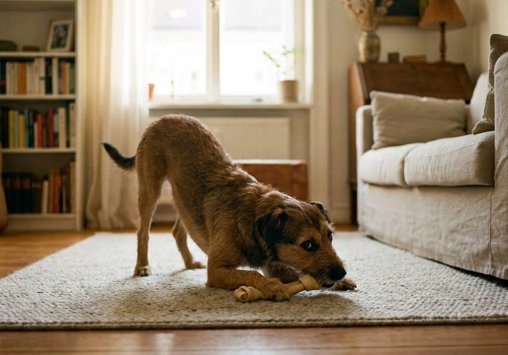 Een middelgrote hond ligt gespannen op een vloerkleed met een kauwsnack tussen de poten, kop laag en zijwaartse blik; op de achtergrond een bank.
