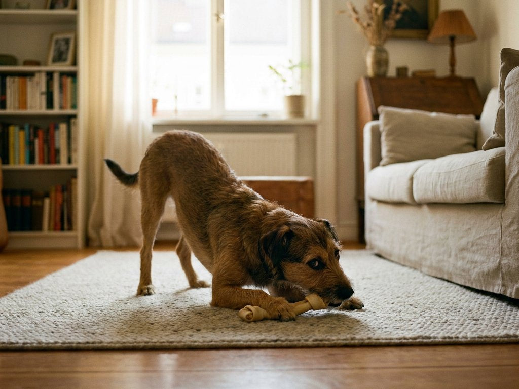 Een middelgrote hond ligt gespannen op een vloerkleed met een kauwsnack tussen de poten, kop laag en zijwaartse blik; op de achtergrond een bank.