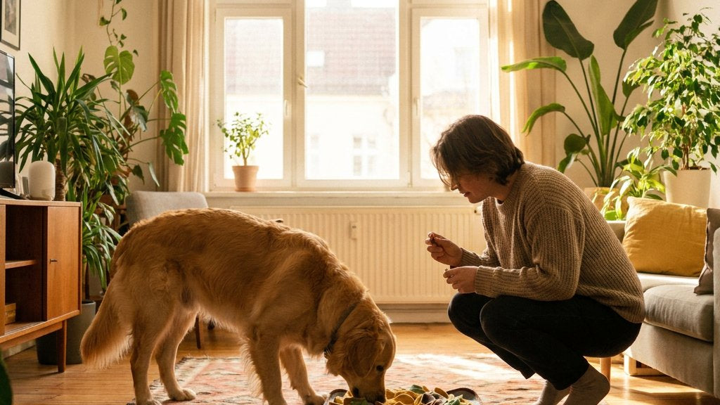 Mediumgrote hond speurt in een snuffelmat op een kleed, terwijl de baas klaarstaat met kleine snacks; warm daglicht door een raam, gezellige lichte woonkamer.