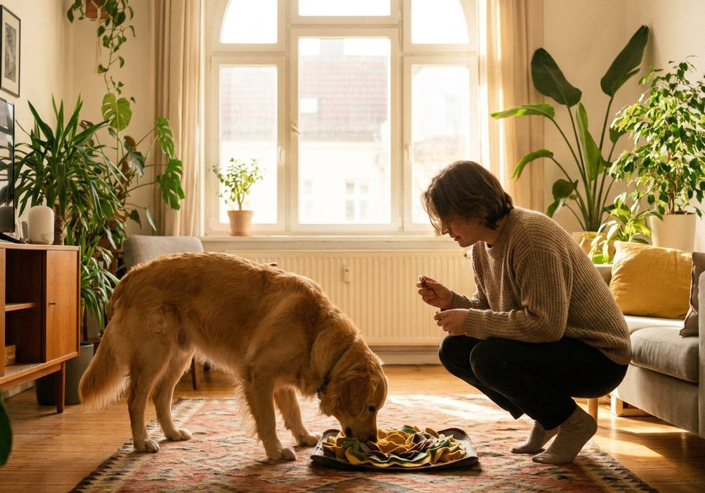 Mediumgrote hond speurt in een snuffelmat op een kleed, terwijl de baas klaarstaat met kleine snacks; warm daglicht door een raam, gezellige lichte woonkamer.
