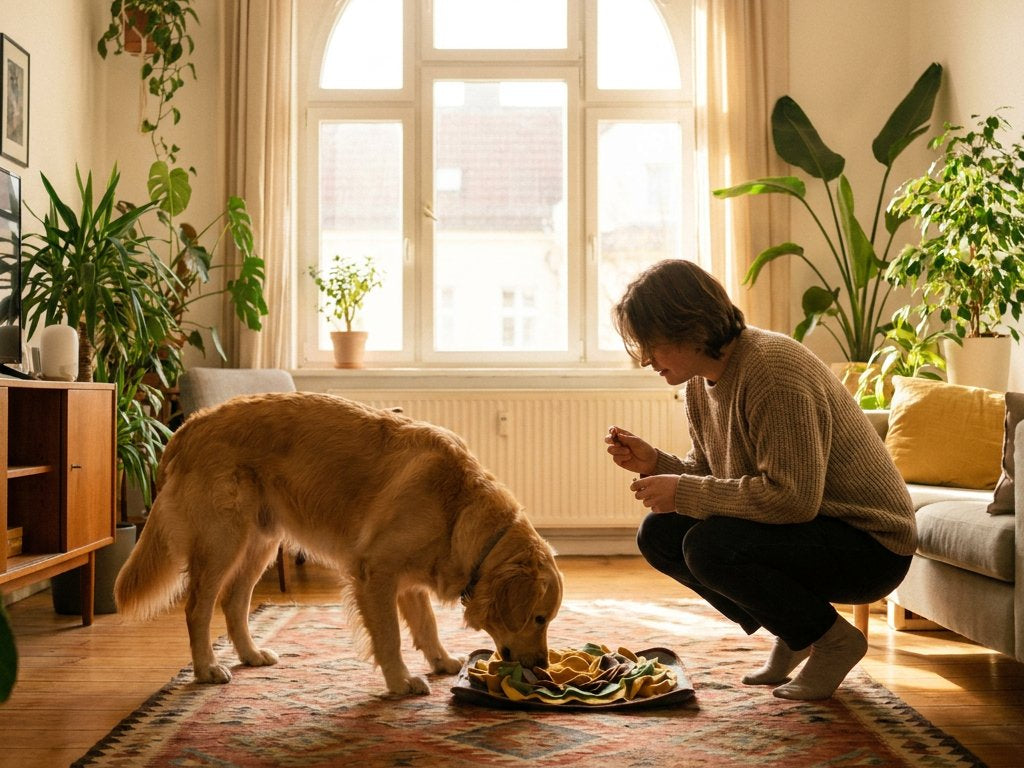Mediumgrote hond speurt in een snuffelmat op een kleed, terwijl de baas klaarstaat met kleine snacks; warm daglicht door een raam, gezellige lichte woonkamer.