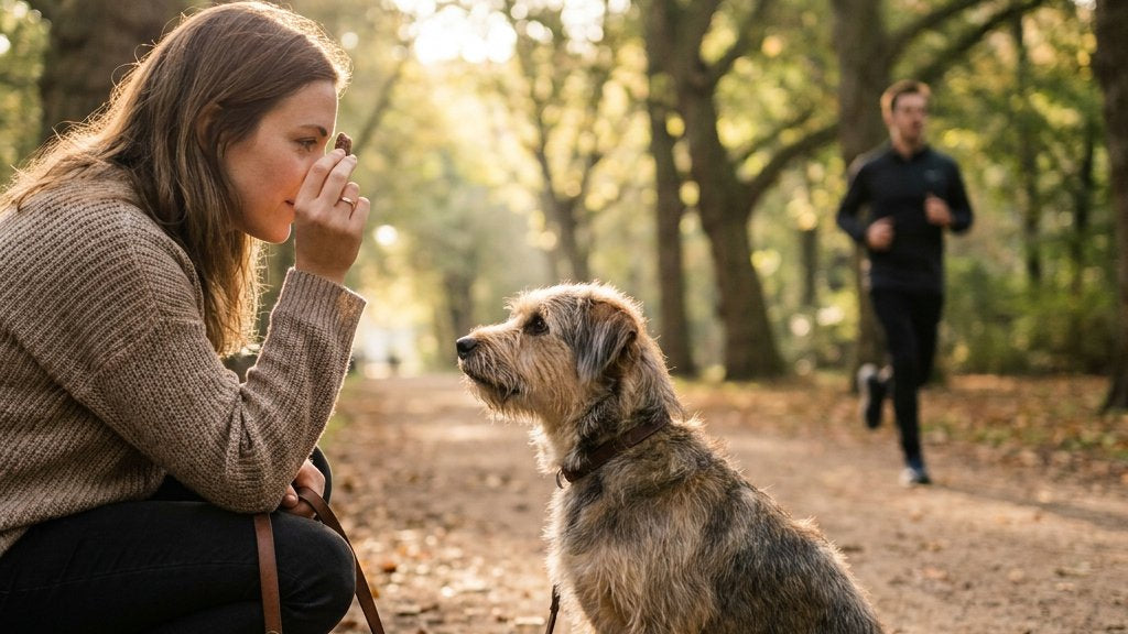 Owner kneels in a green city park, holding a treat near her eyes while a medium mixed-breed dog on leash sits and maintains eye contact; soft golden backlight.