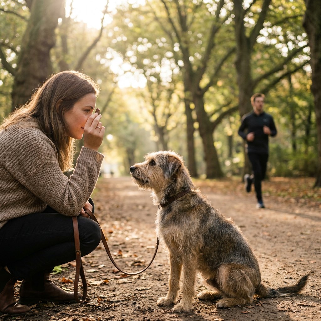 Owner kneels in a green city park, holding a treat near her eyes while a medium mixed-breed dog on leash sits and maintains eye contact; soft golden backlight.