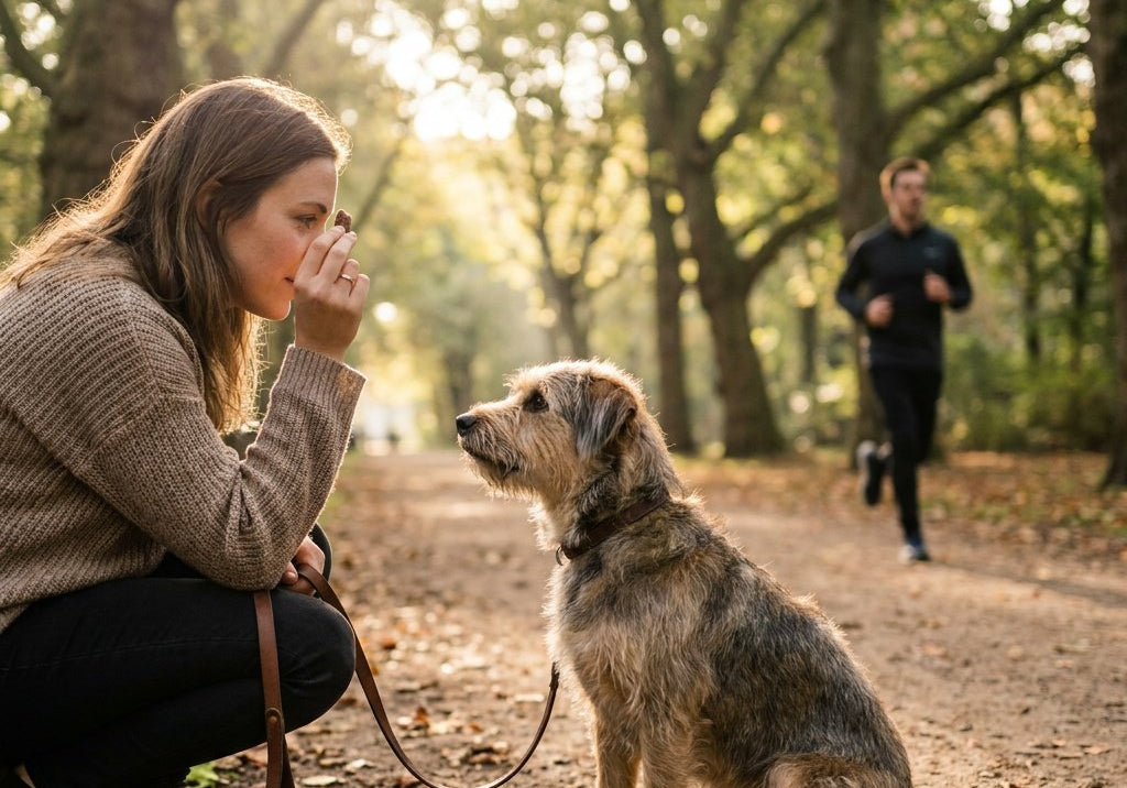 Owner kneels in a green city park, holding a treat near her eyes while a medium mixed-breed dog on leash sits and maintains eye contact; soft golden backlight.