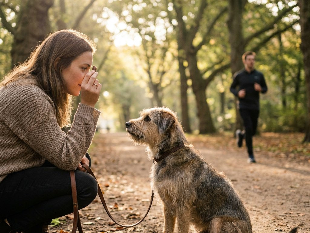 Owner kneels in a green city park, holding a treat near her eyes while a medium mixed-breed dog on leash sits and maintains eye contact; soft golden backlight.