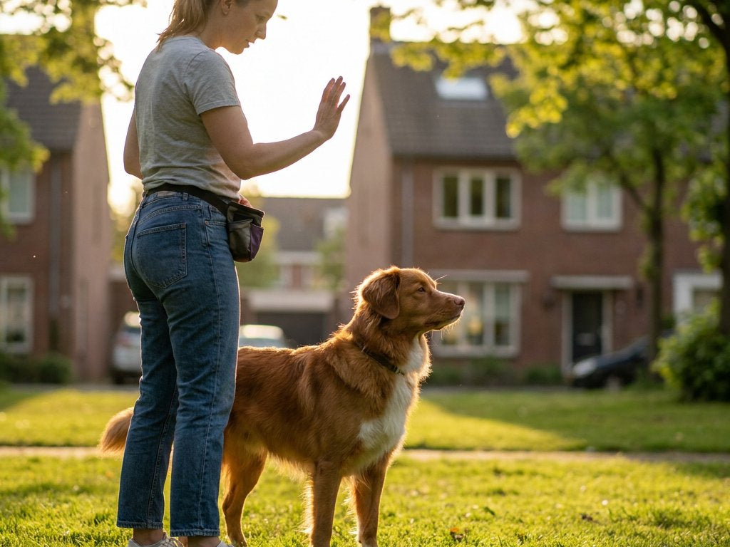 Vrouw in West-Europees stadspark roept haar hond met handgebaar en trainingszakje; de hond kijkt afgeleid weg. Warm tegenlicht, brede 16:9 compositie.